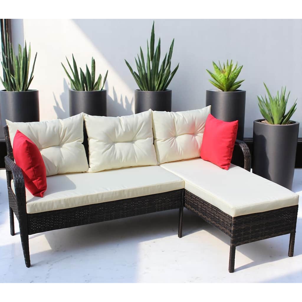 2-Piece Outdoor PE Wicker Sectional Sofa Set with Two-Seater & Lounger, Beige Cushions,Rattan Patio Furniture set - Rattan