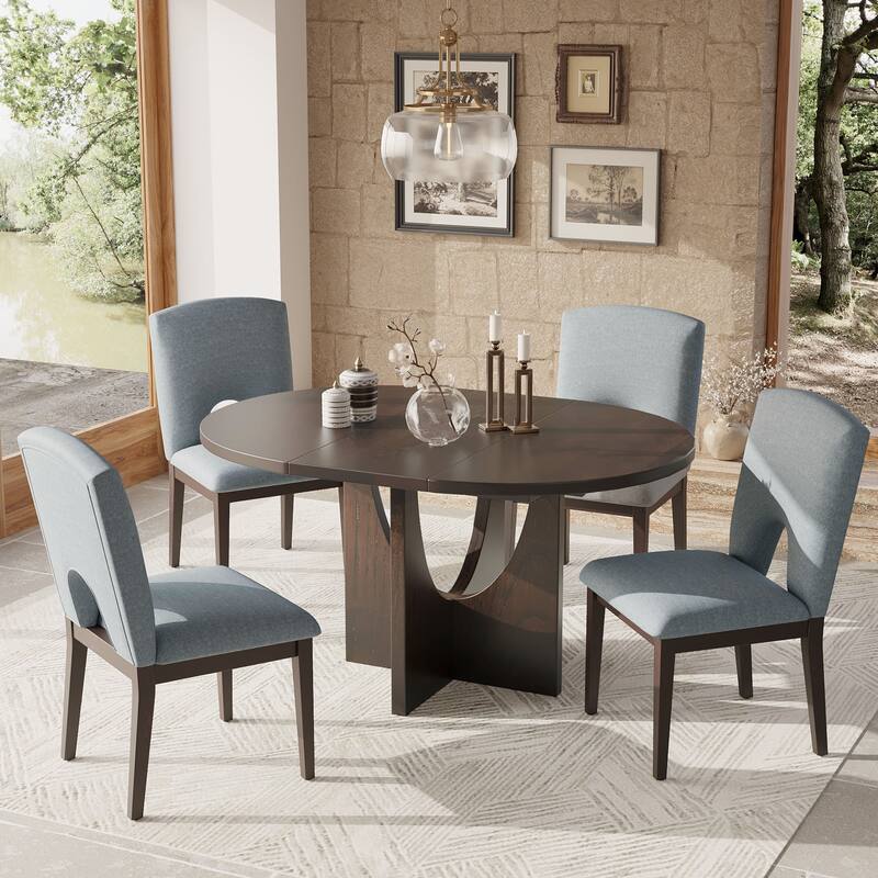 Elegant Round Dining Table with Extendable Table, Coffee Bar Table and Chair Set with Four Upholstered Chairs