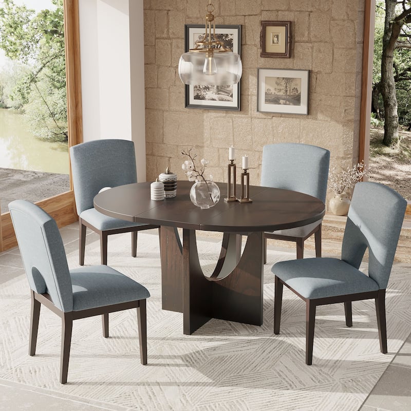 Modern 5-Piece Extendable Dining Table Set with Solid Wood and Upholstered Chairs for Small Spaces - Espresso