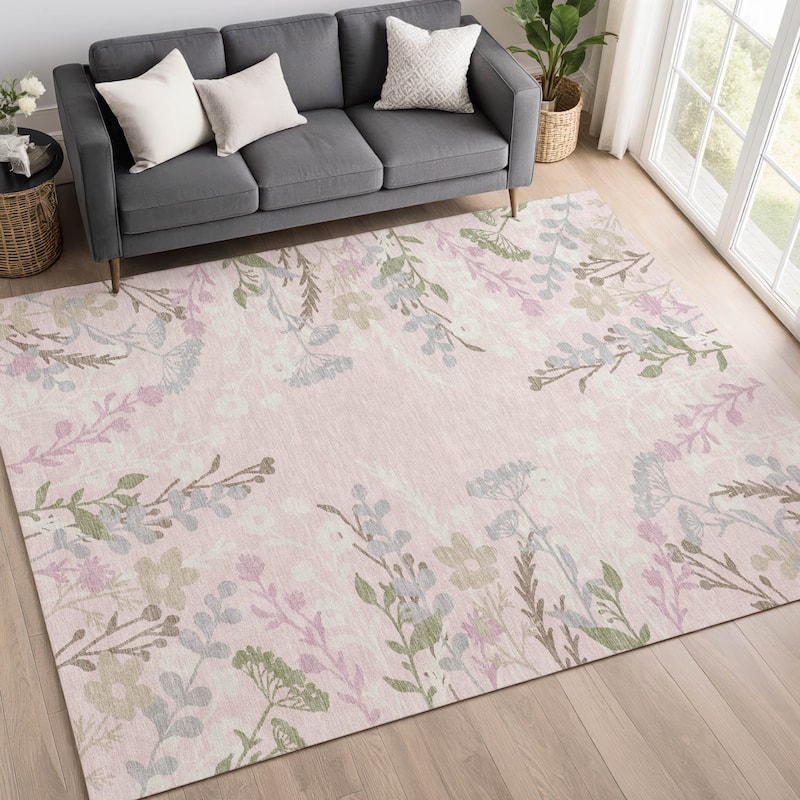 Machine Washable Indoor/ Outdoor Floral Border Chantille Rug
