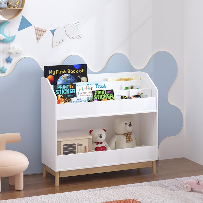 Toddler Book Display Shelf with Storage, Wooden Kids Bookcase Organizer for Bedroom or Playroom, White
