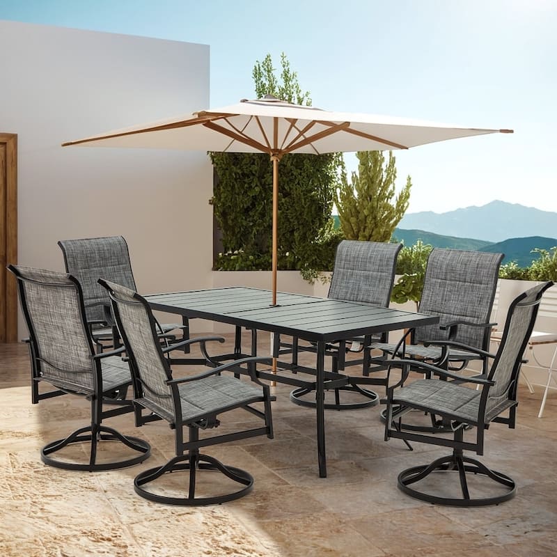 Erommy Outdoor Patio Dining Set with Swivel Rocker Chairs, Metal Table with Umbrella Hole, Patio furniture for Backyard - 7-Piece - Grey