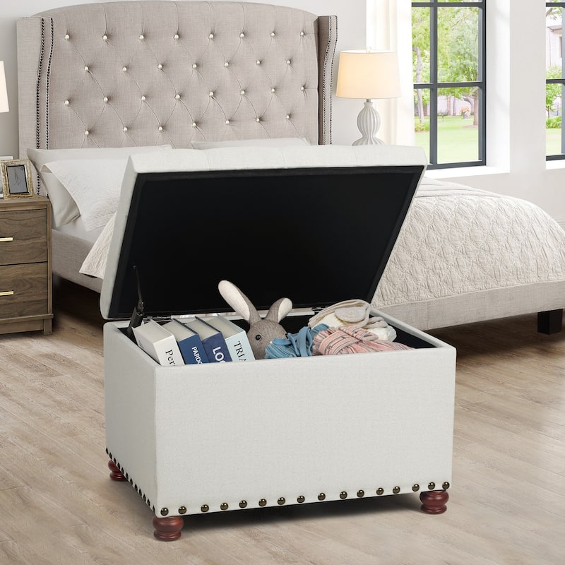 Adeco Norsup Grey Blended Linen Storage Ottoman Footstool
