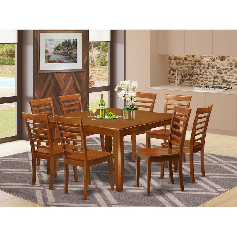 HomeStock 9-Piece Square Saddle Brown Finish Solid Wood Top Dining Table with 8-Chairs with Lattice Back
