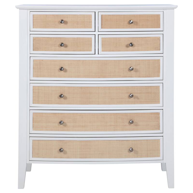 Heo Tall Dresser Chest, 8 Drawers, Rattan Woven Curved Front, White