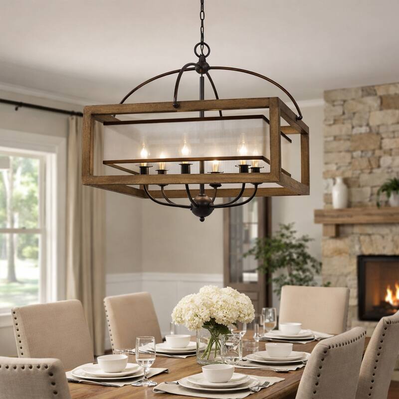 6 Bulb Square Chandelier with Wooden Frame and Organza Striped Shade, Brown