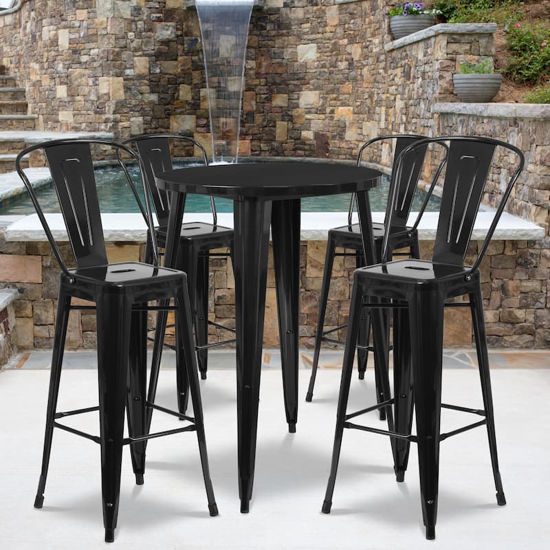 30'' Round Metal Indoor-Outdoor Bar Table Set with 4 Cafe Stools - 30"W x 30"D x 41"H - Black