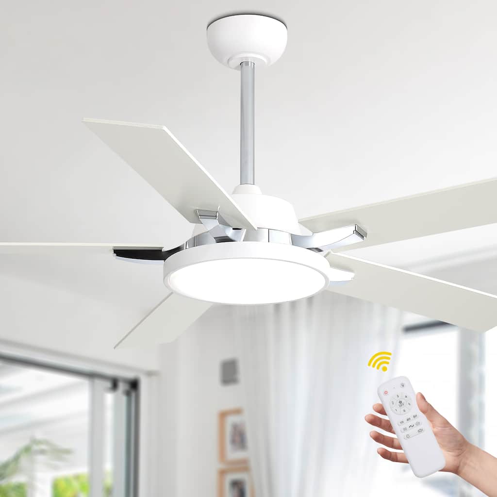 CurveCurio 52" Modern Off-White 5-Blades Ceiling Fan w/ 3 Color Temprature LED Light, Quiet DC Motor 6 Speed w/ Remote Control