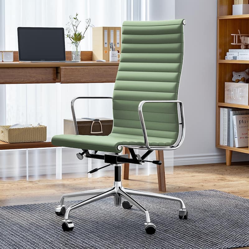 High Back Ergonomic Genuine Leather Ribbed Office Computer Chair - Apple Green