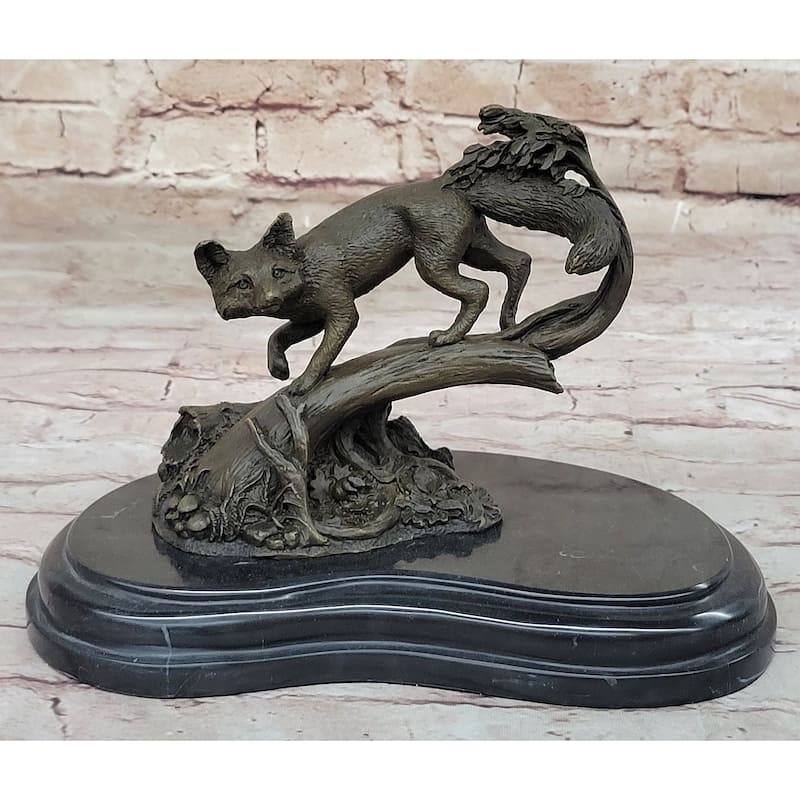 Hot Cast Bronze Imitative Fox On Tree Branch Wildlife Sculpture Statue Signed Original Art