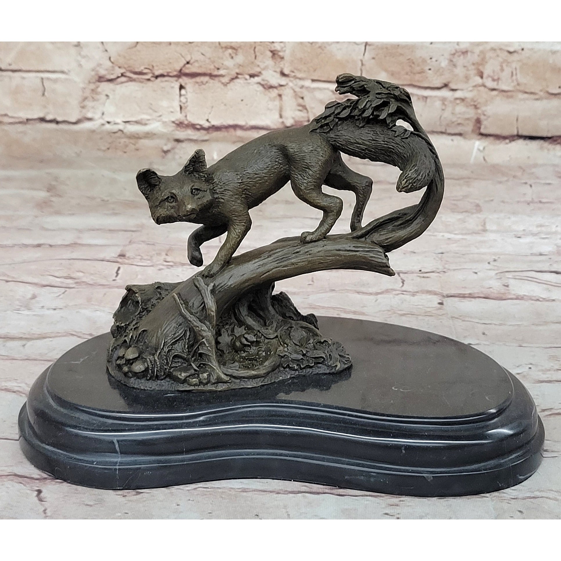 Hot Cast Bronze Imitative Fox On Tree Branch Wildlife Sculpture Statue Signed Original Art