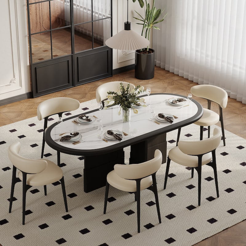 Modern 78.74" Oval Black Dining Table, Solid Wood Veneer, With White Sintered Stone Table top for 8