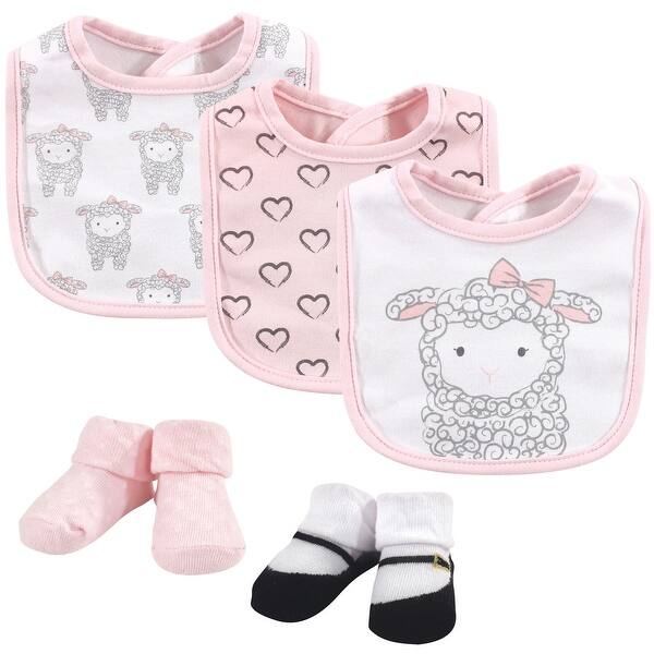 slide 1 of 1, Hudson Baby Infant Girl Cotton Bib and Sock Set 5pk, Little Lamb, One Size - Little Lamb - One Size