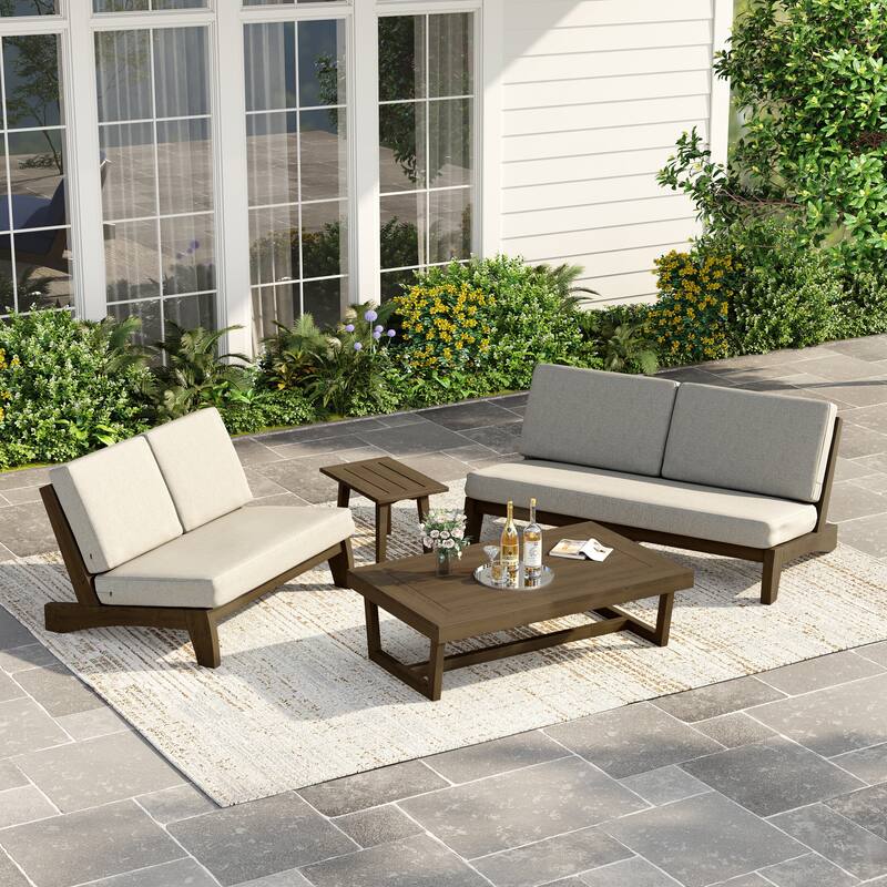 Casual Teak Outdoor Patio Conversation Set with Cushioned Sofa Loveaseat