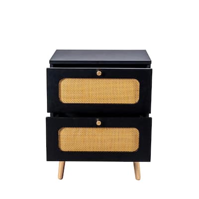 Black-Brown Rattan Nightstand with 2 Drawers and Solid Wood Legs