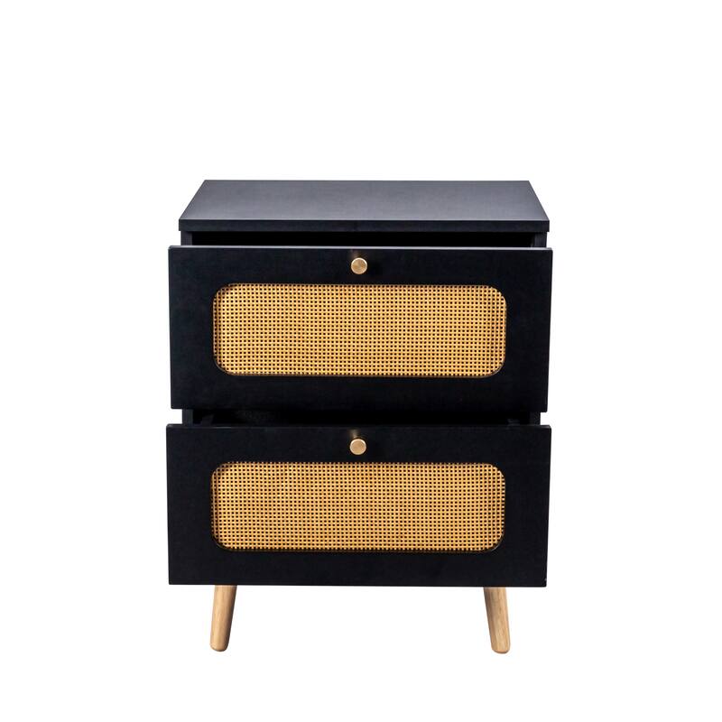 Mid-Century Boho Rattan Nightstand with 2 Handmade Drawers, Side Table for Bedroom or Living Room, MDF Frame