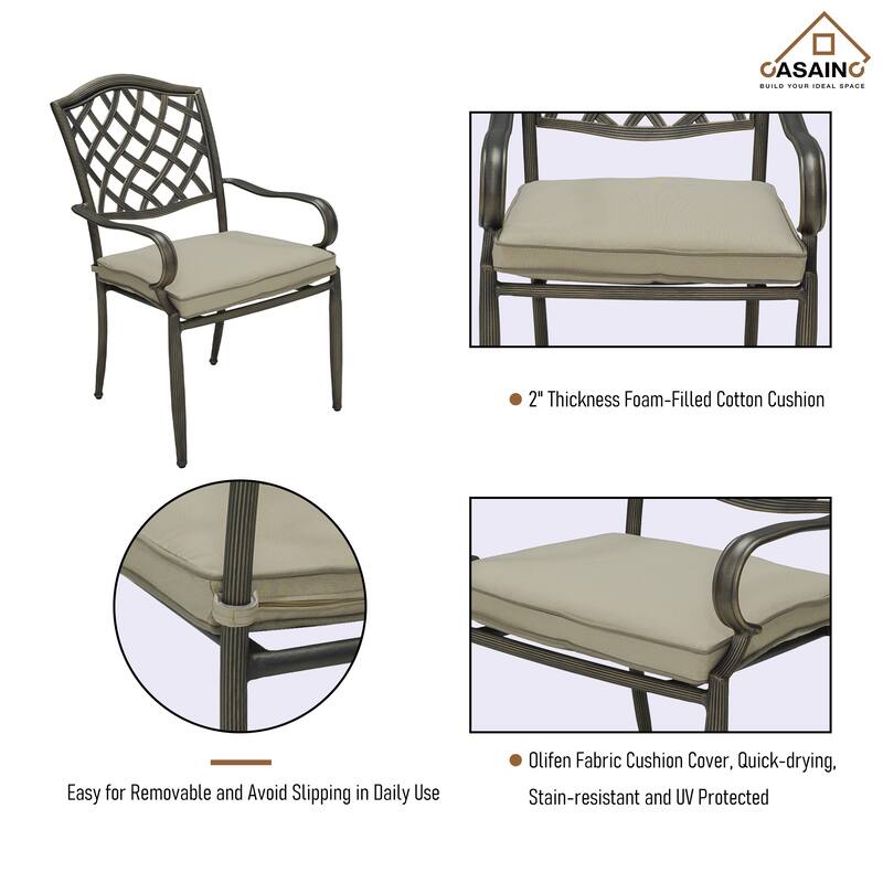 4-Piece Brown Cast Aluminum Outdoor Arm Dining Chair Patio Bistro Chairs with Cushion