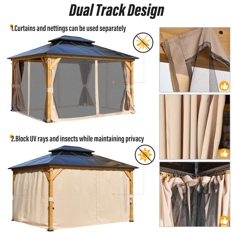 EROMMY Hardtop Gazebo,Outdoor Pergola with Double Roof & Netting & Curtains,Heavy Duty Canopy for Patio, Backyard, Pool party