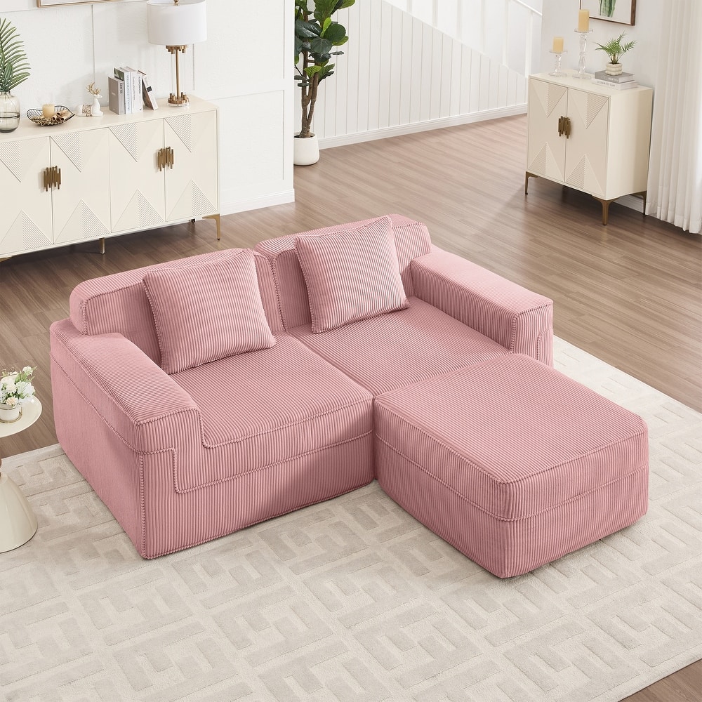 GDFStudio - Corduroy Modular 2-Seater 81.1" L-Shaped Cloud Sectional Loveseat Sofa with Ottoman