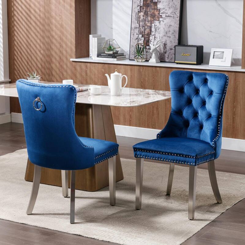 Tufted Velvet Dining Chairs - Solid Wood - Golden Stainless Steel Legs - Nailhead Trim - Set of 2