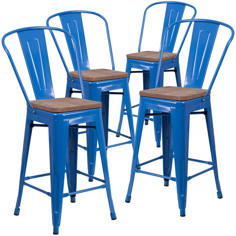 4 Pack 24" High Metal Counter Height Stool with Back and Wood Seat - 17.75"W x 20"D x 39.25"H