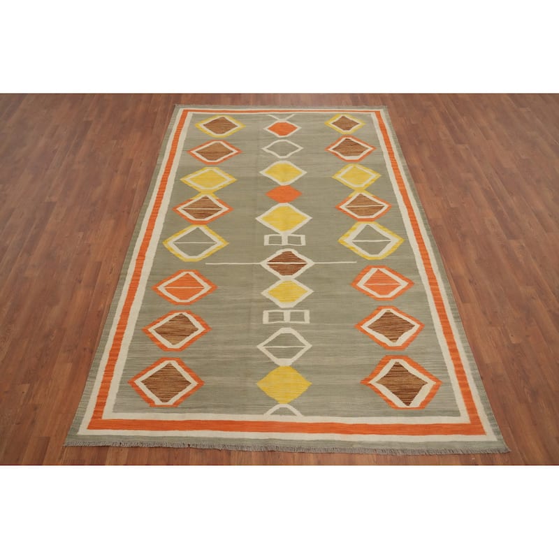 Hand Woven Oriental 100% Wool Carpet Southwestern Modern Greys & Charcoal Kilim Area Rug - 9' 0'' X 5' 8''