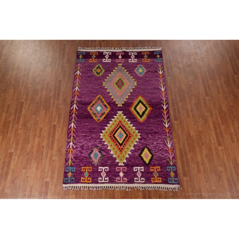Purple Plush Moroccan Oriental Area Rug Handmade Wool Carpet - 6'1" x 9'5"