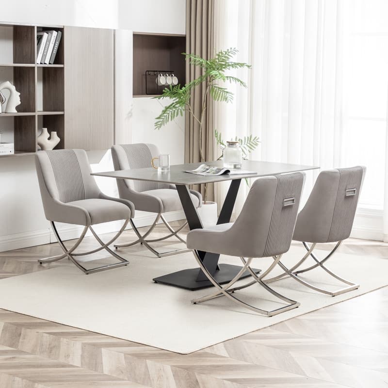 Modern Contempoary Velvet Dining Chair Set of 4 with Metal Frame Legs and Back Pull - Grey