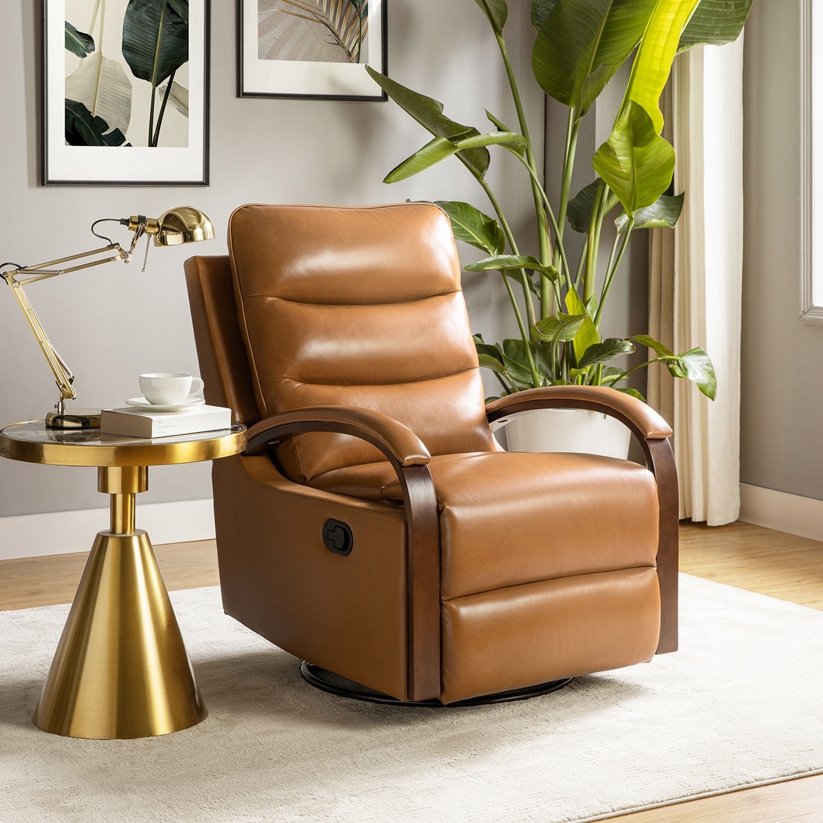 HULALA HOME Leopold Modern Genuine Leather Swivel Rocking Manual Recliner Chair with Wooden Arm Accents