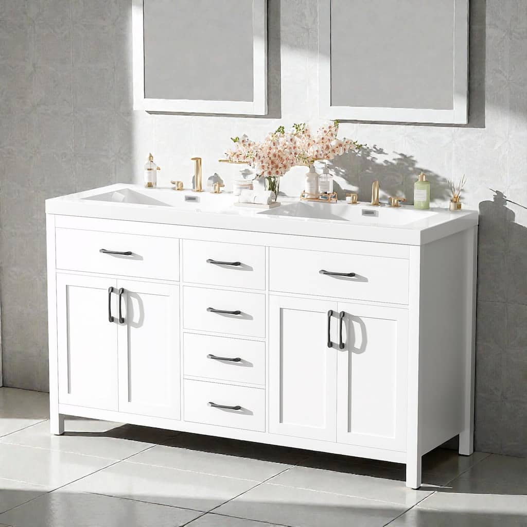 59.3" Modern Double Sink Bathroom Vanity with SMC Sinks, Solid Wood Frame, Soft-Close Doors & Drawers, Adjustable U-Shaped Shelf