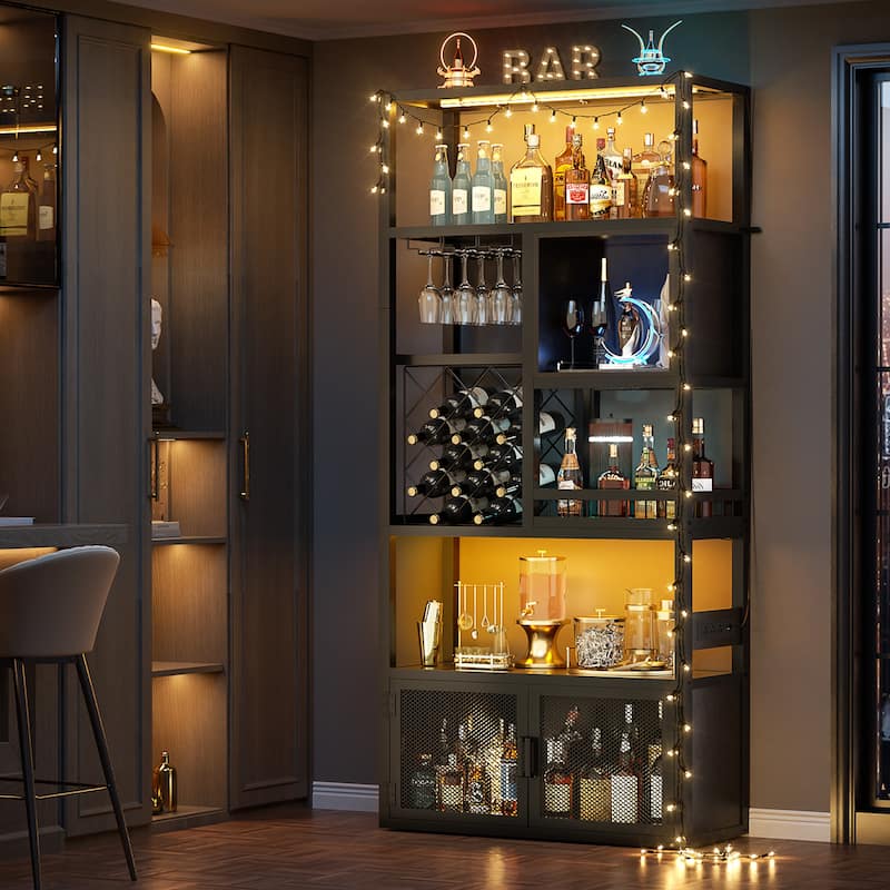 82.6" Tall Wine Cabinet with Glass Holder & Wine Rack，6-Tiers Liquor Storage Cabinet with LED Lights ＆ Charging Station