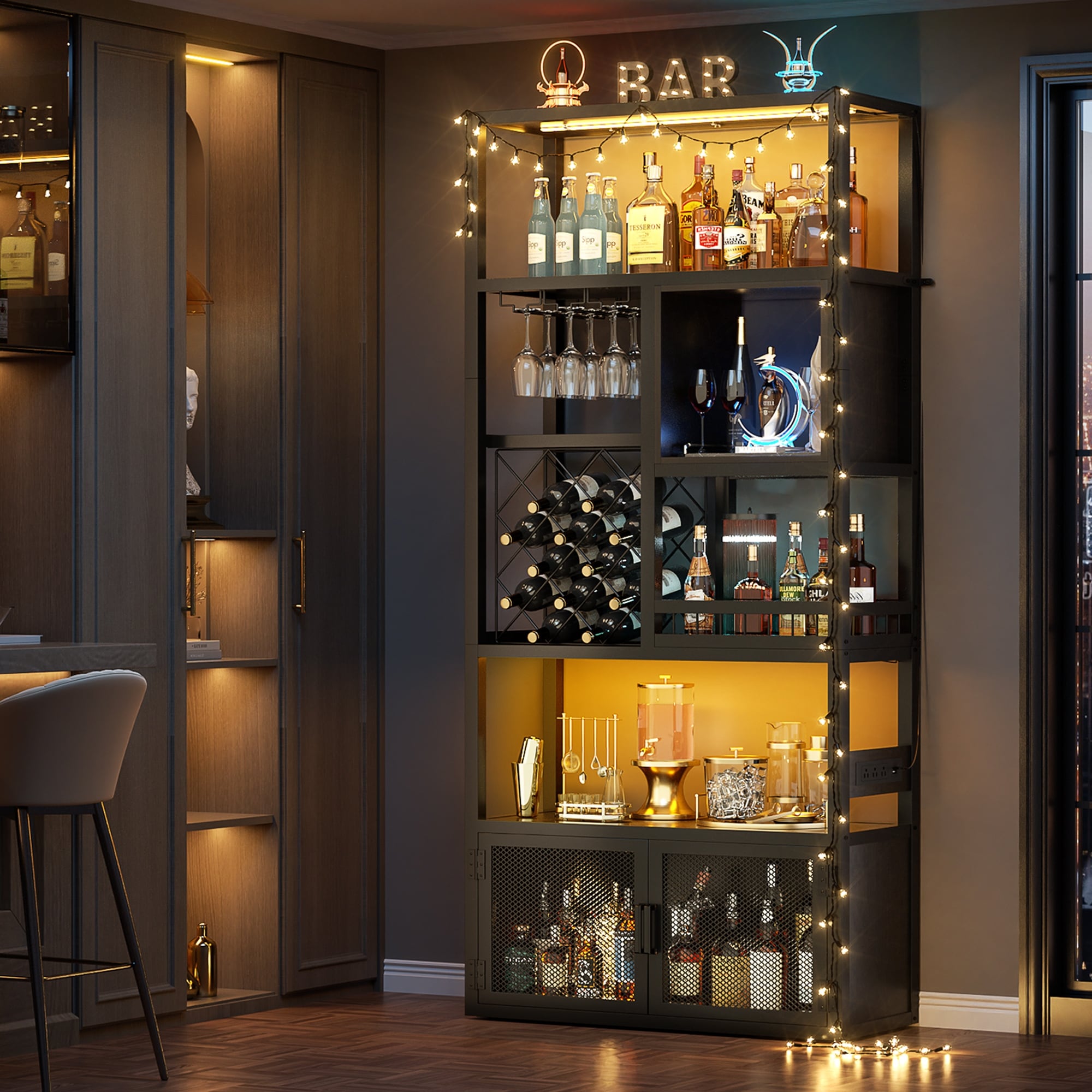 83" Tall Wine Bar Cabinet with Glass Holder & Wine Rack，6-Tiers Liquor Storage Cabinet with LED Lights ＆ Charging Station
