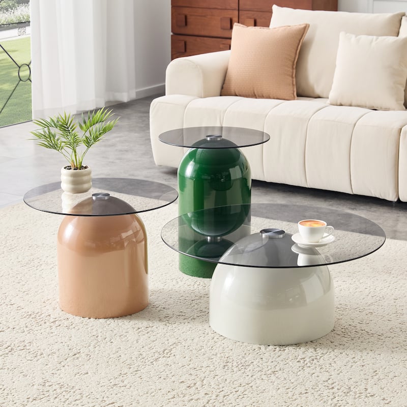 Nesting Coffee Table Set of 3,Glass Desktop for Living Room,Space Saving Circle Center Table for Saving Space,for Living Room - Brown+Green+Grey