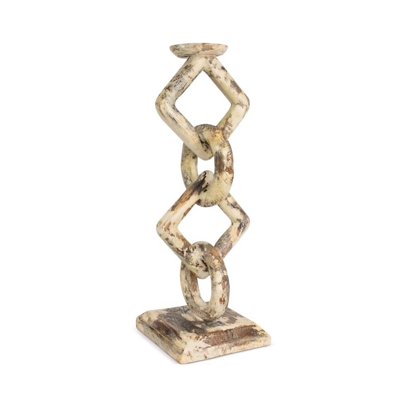 Wood Chain Link Candle Holder Hand Carved Rustic Whitewashed Candle Stand, Decorative Accent