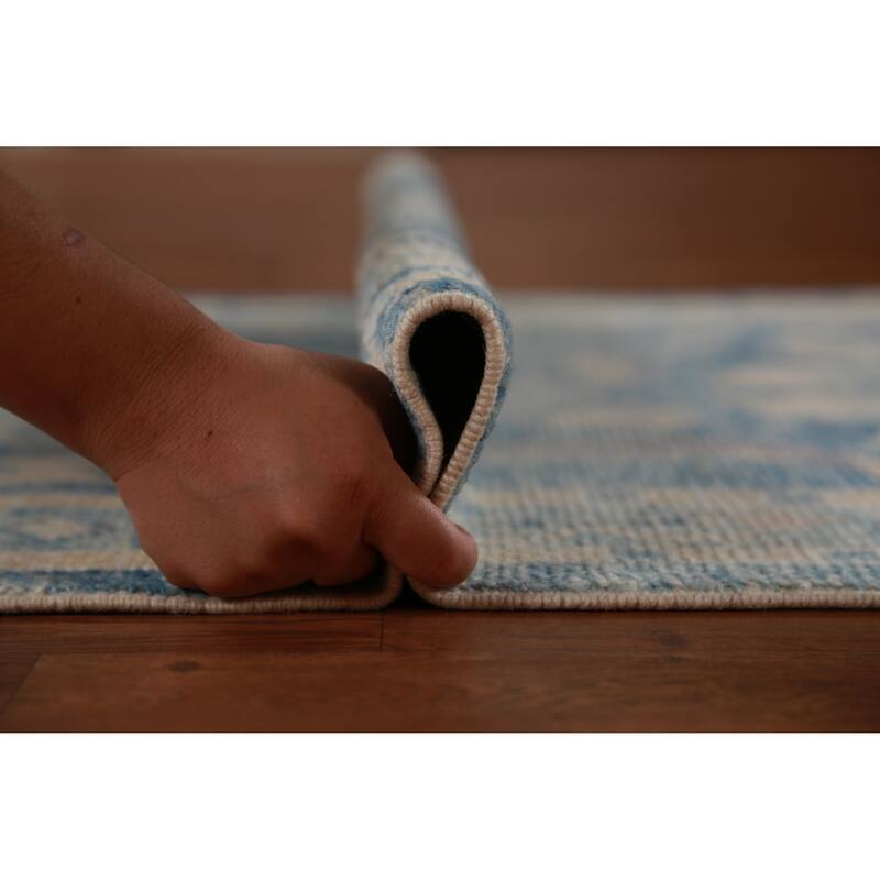 Hand Knotted Oriental 100% Wool Carpet Transitional Geometric Navy Blue & Blues Oushak Runner Rug - 14' 4'' X 2' 10''