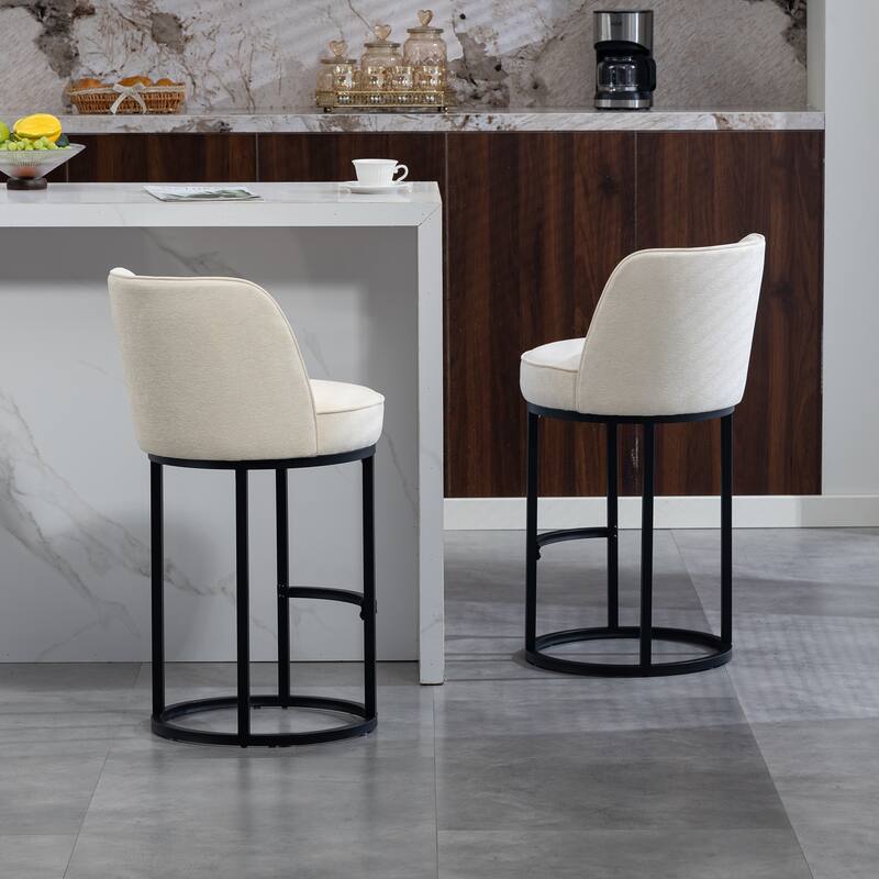 Counter Height Bar Stools Set of 2, Modern Barrel Counter Stools with Backrest, Linen Fabric Upholstered Accent Bar Stools