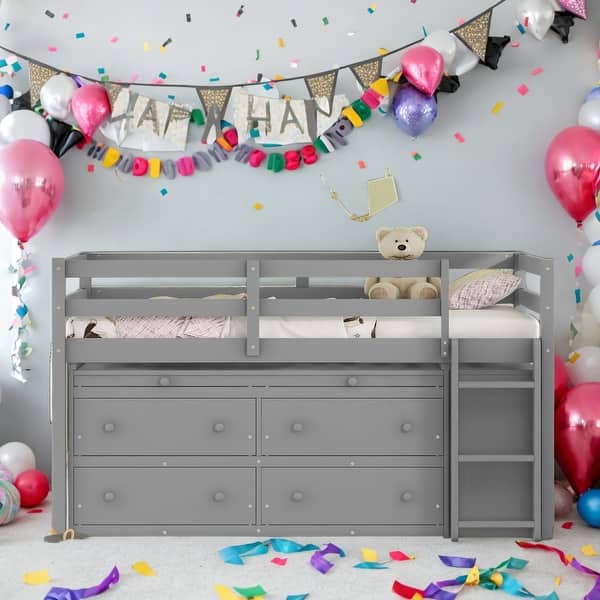 slide 2 of 12, Twin Size Loft Bed with Retractable Writing Desk and 4 Drawers, Wooden Loft Bed with Lateral Portable Desk and Shelves Grey