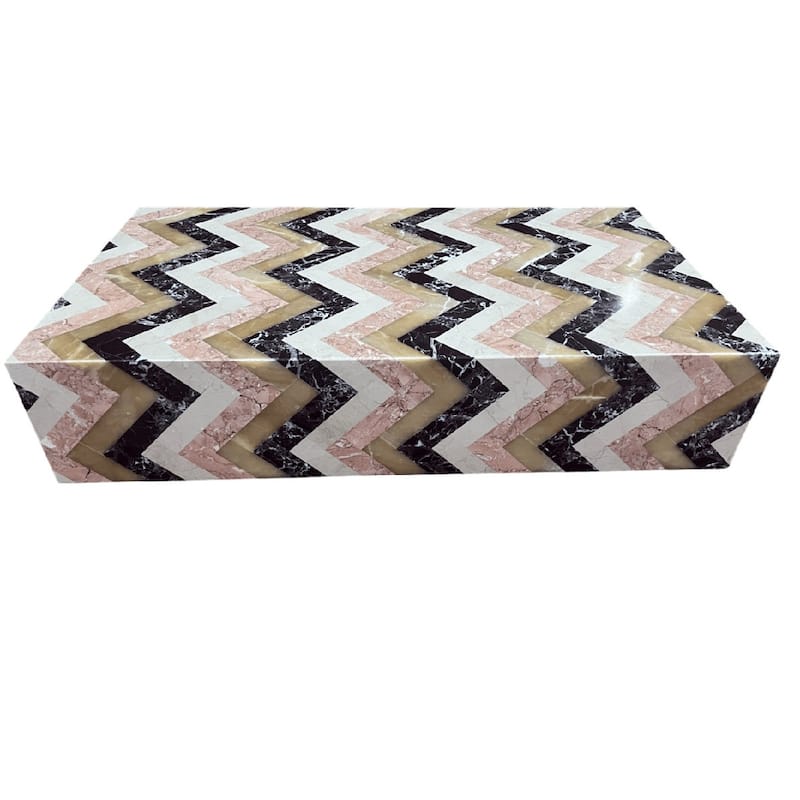 Genuine Marble Block Coffee Table - Herringbone Pattern Marble, 54" Extra Large