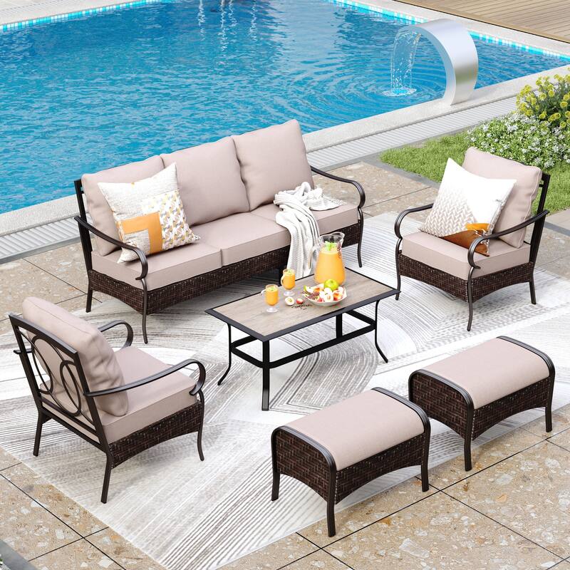 MAISON ARTS Extra Large 6 PCS Outdoor Patio Furniture Set - 3-Seat & 2-Seat Sofas, Swivel Chairs, Ottomans, Coffee Table