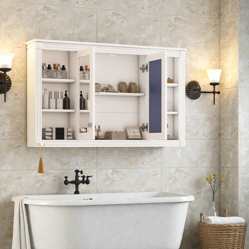 47 Inch Wall Mounted Bathroom Mirror Medicine Cabinet with Storage, Adjustable Shelf and Open Shelves
