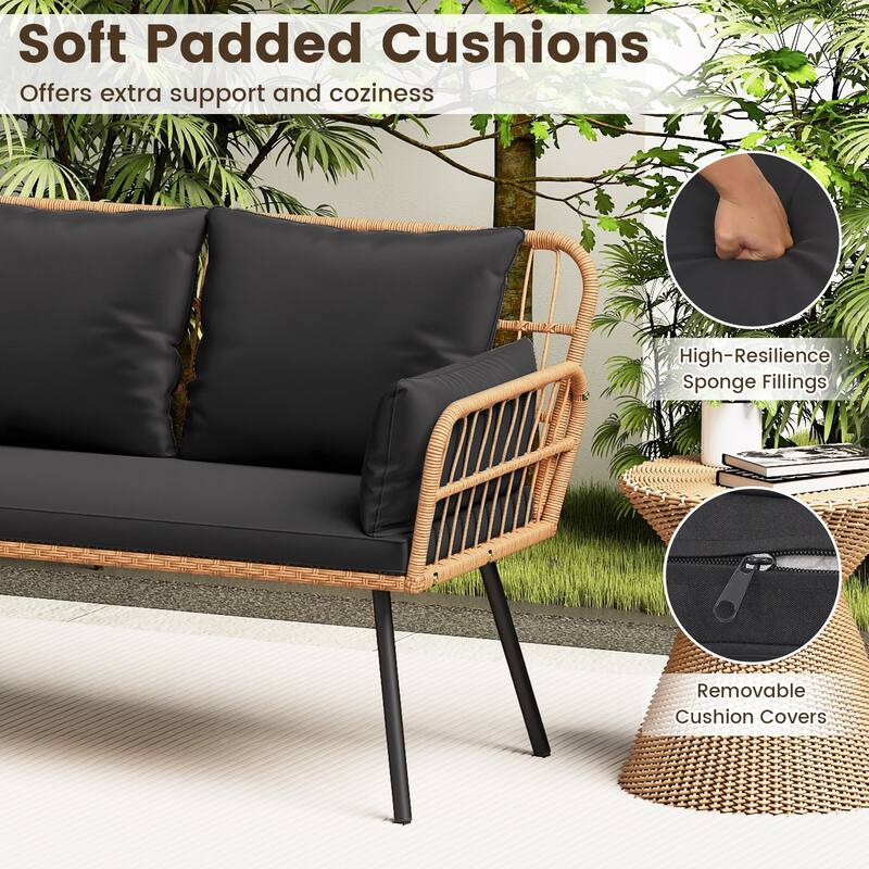 Gymax Patio Wicker Loveseat Furniture w/Seat Back Cushions Heavy-Duty