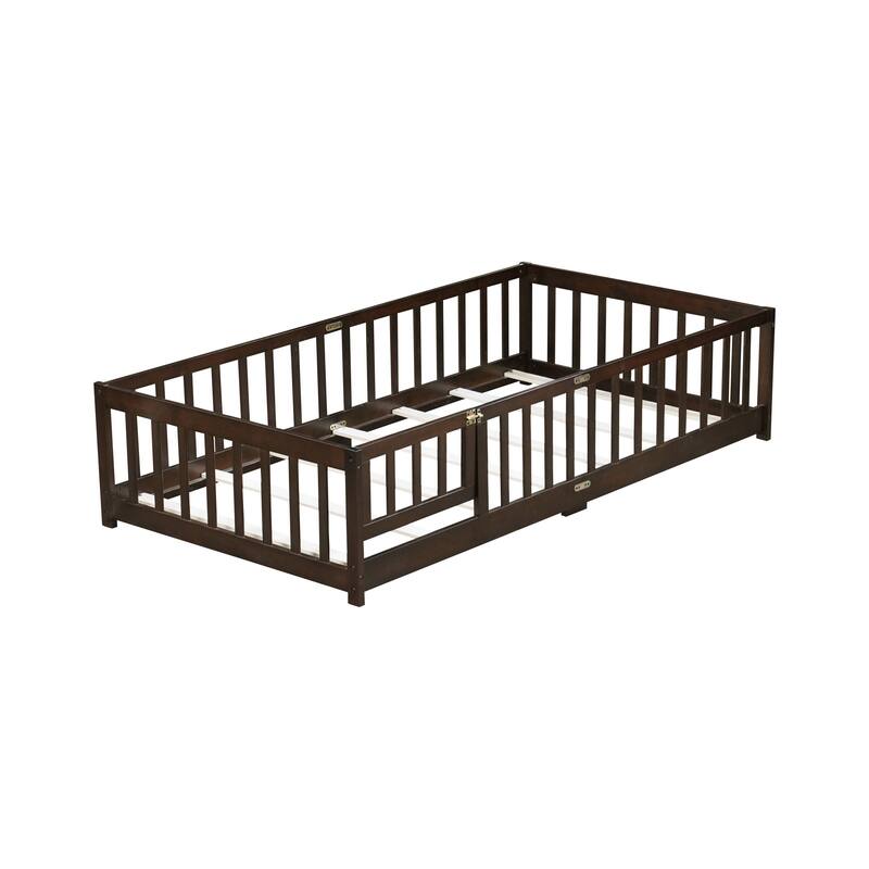 Roomfitters Twin/Full/Queen Rubber Wood Floor Bed with Fence and Swing Door, Safety Guardrails, Low Profile Design