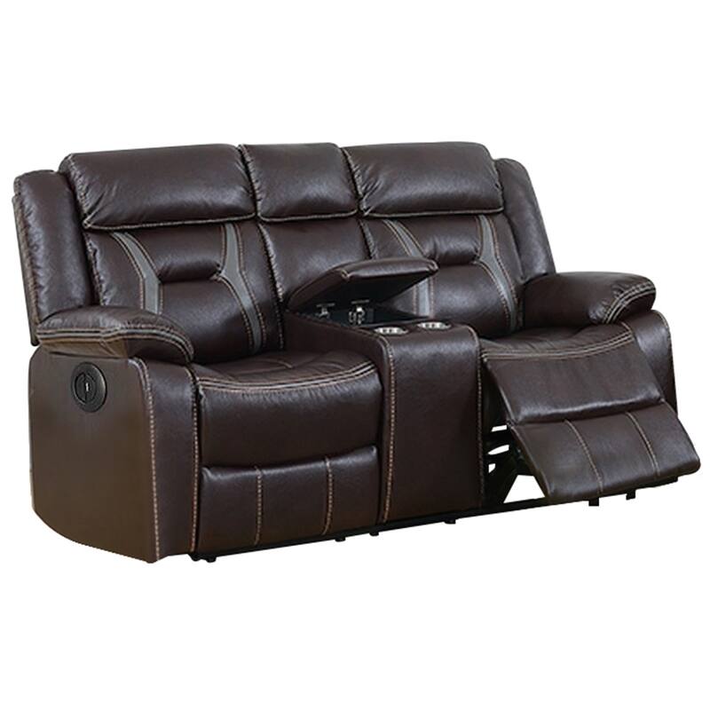 Contrast Stitched Leatherette Power Motion Loveseat with Console,Dark Brown