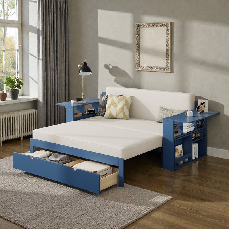 Full Size Daybed with Removable Desk, Storage Drawers & Hydraulic Side Table, Multi-Functional Sofa Bed for Small Spaces