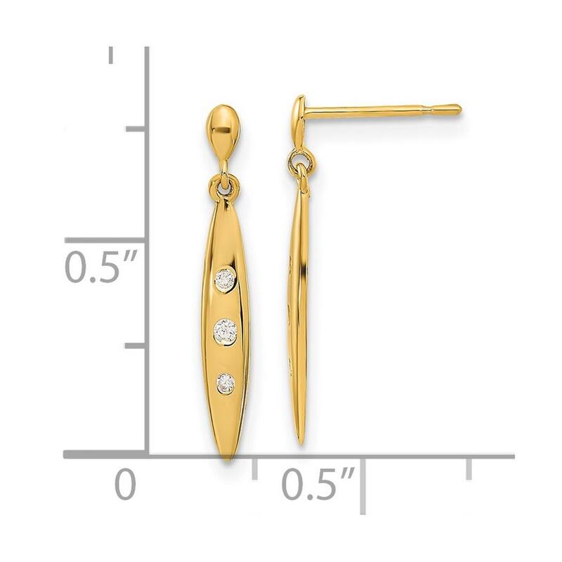Curata 14k Yellow Gold 21x3.5mm Oval With 3 CZ Cubic Zirconia Dangle Post Earrings