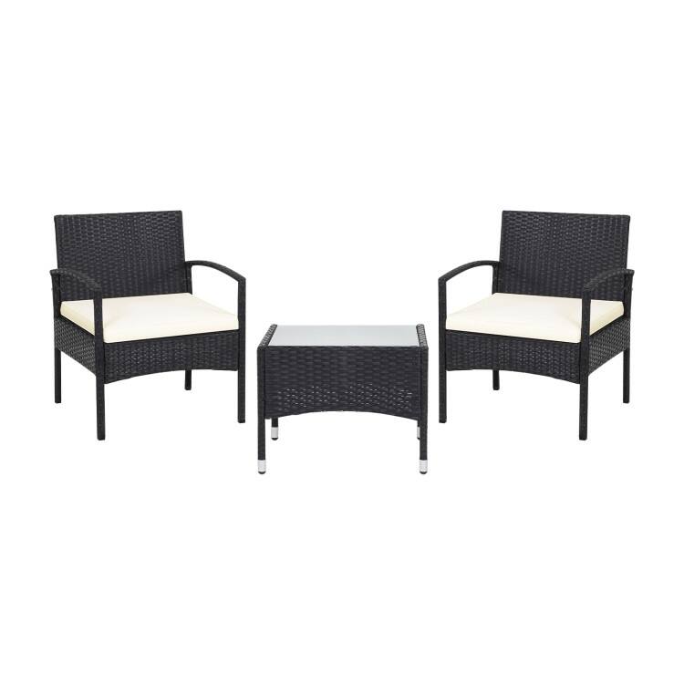 3 Pieces Patio Wicker Rattan Furniture Set with Cushion for Lawn Backyard - 19.5" x 19.5" x 15" (L x W x H)