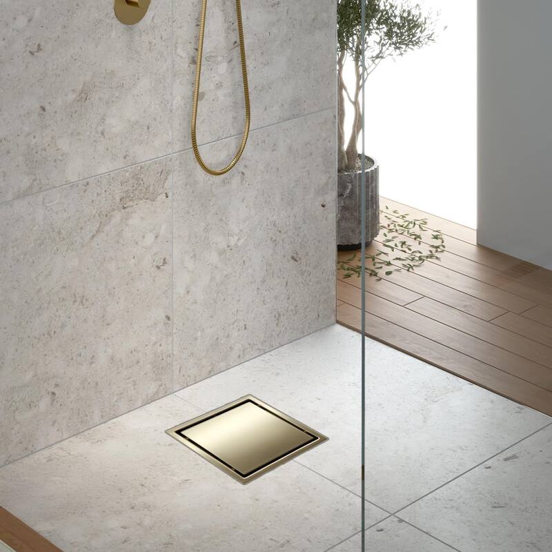 Oceanic Square Shower Drain, Marine-grade 316 Stainless Steel, Tile-in with Hair Strainer - Brushed-Gold