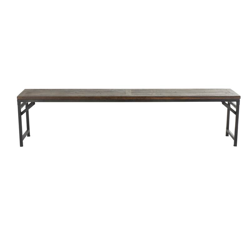 Dark Brown Teak Wood Long Home Bench with Black Metal Legs