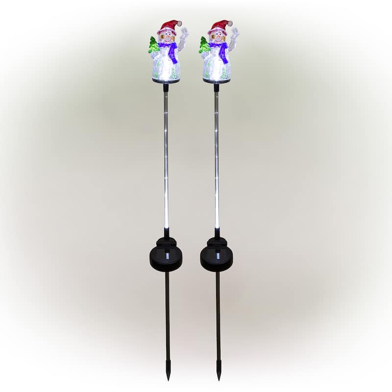 Alpine Corporation 34"H Outdoor Solar Christmas Snowman Fiber Optic Lawn Stakes with LED Lights (Set of 2) - Multi