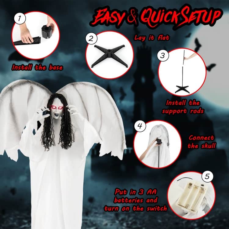 White Metal Fabric Animated Halloween Angel Prop with Wings and Sound